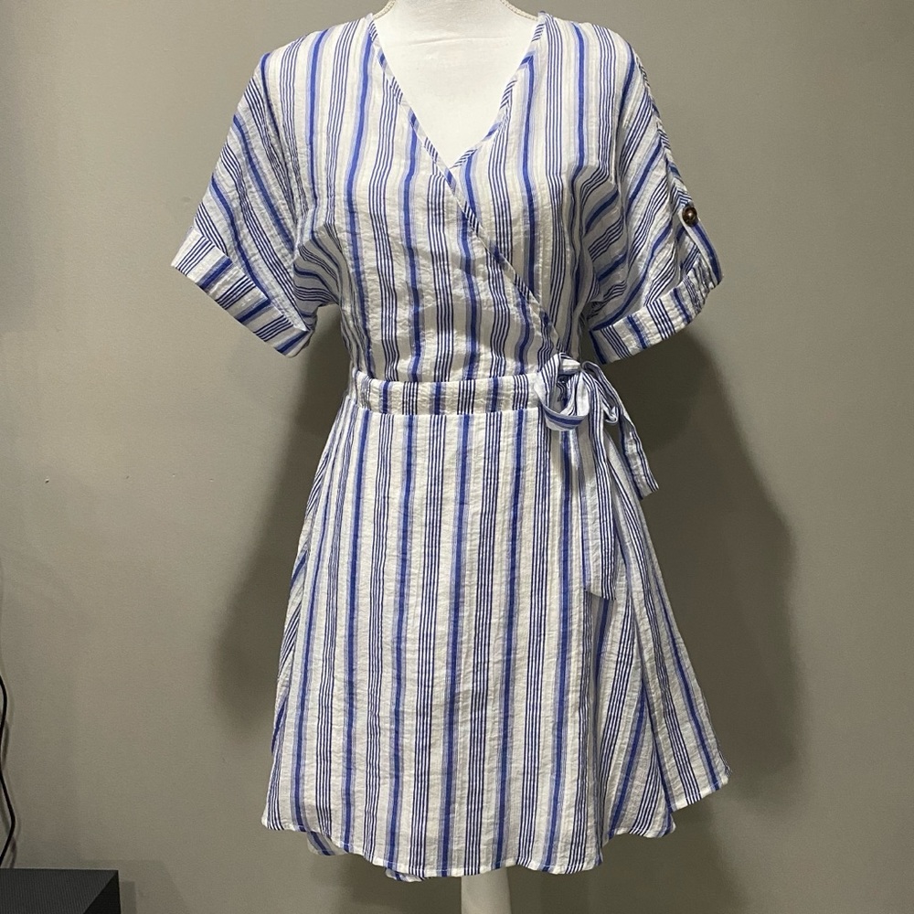 Sienna Sky Blue and White Striped wraparound Dress